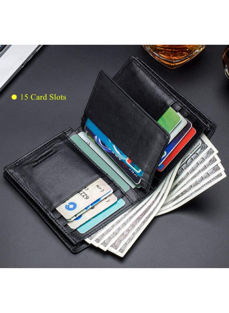 CONTACTS - Men's Genuine Leather Wallet   RFID Blocking Wallet 14 Card Slots  1 ID Window and Large Capacity Can Hold 50 Currency Notes - Image 1