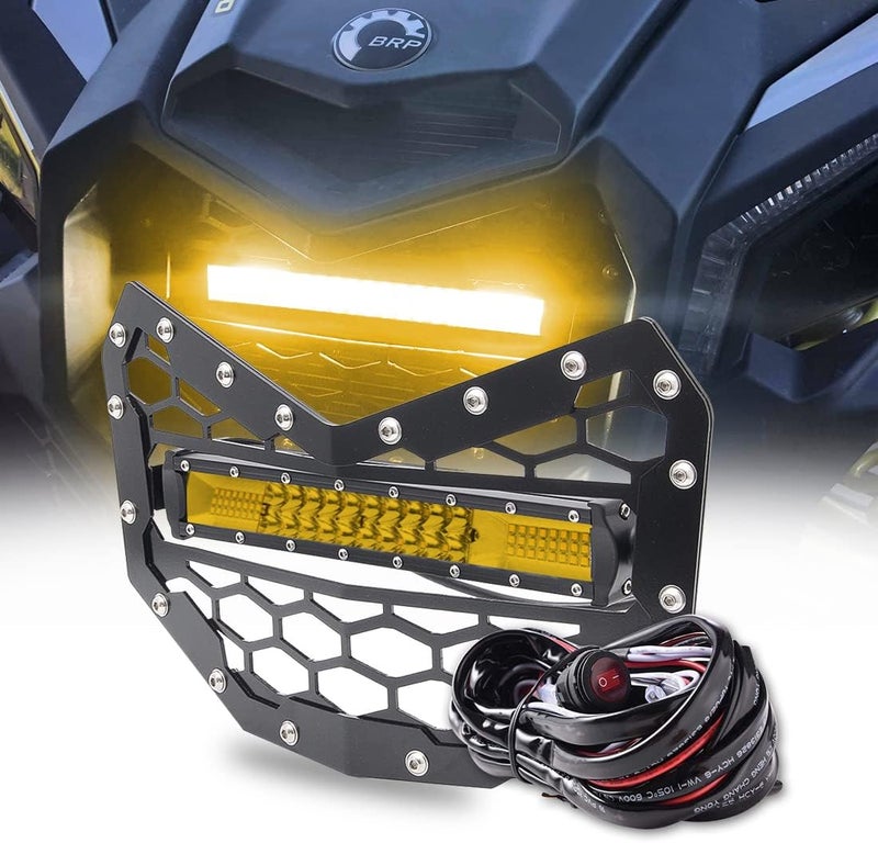 Chelhead Black Steel Grille with 11 INCH Yellow Slim LED Light Bar Combo Beam and Wiring Harness for Can-Am Maverick X3 (2016-2023) - Image 1