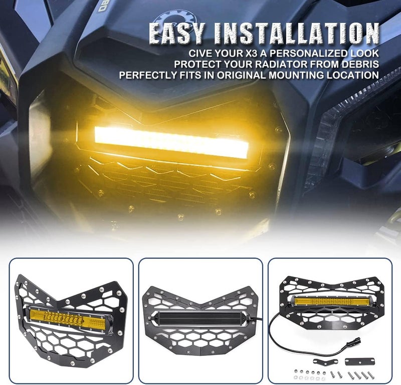 Chelhead Black Steel Grille with 11 INCH Yellow Slim LED Light Bar Combo Beam and Wiring Harness for Can-Am Maverick X3 (2016-2023) - Image 3