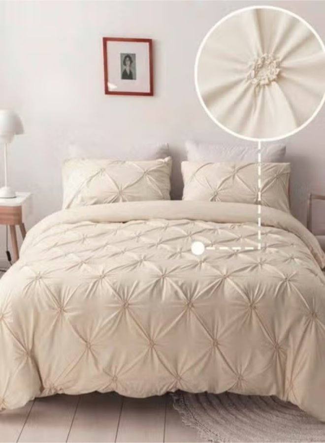 LUNA Home Premium King Size 6 Piece ( 1 Duvet cover - 220*240cm;1 Fitted sheet - 200*200cm+30cm.; 4 Pillow covers - 50*75cm.).bedding set Pinch Flower Design, Solid Nude Beige color. - Image 1