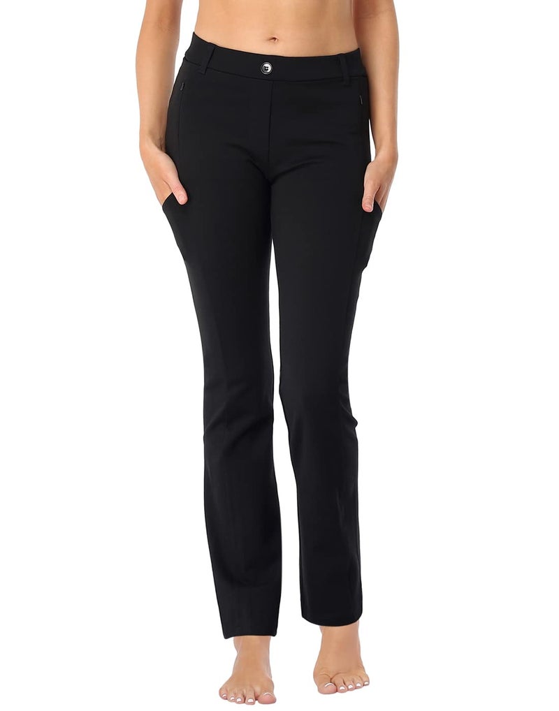HDE Yoga Dress Pants for Women Straight Leg Pull On Pants with 8 Pockets Black M Long