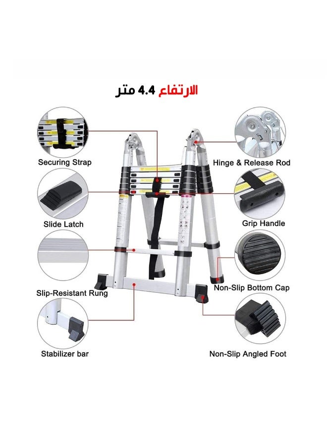 Telescopice folding double sided Aluminium Ladder 4.40 Meter silver - Image 3