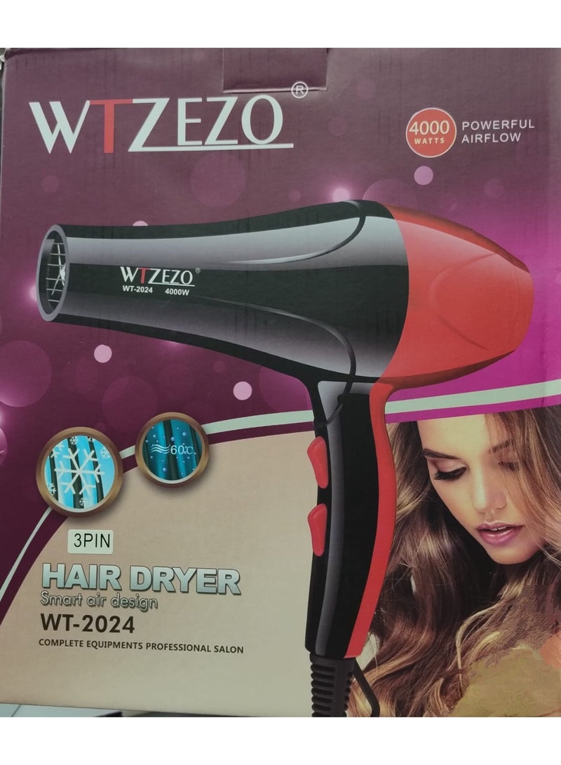 WTZEZO Professional Hair Dryer 4000W for Fast Drying and Salon Styling – Smart Air Design & Powerful Airflow – 3-Pin Plug – WT-2024 - Image 4