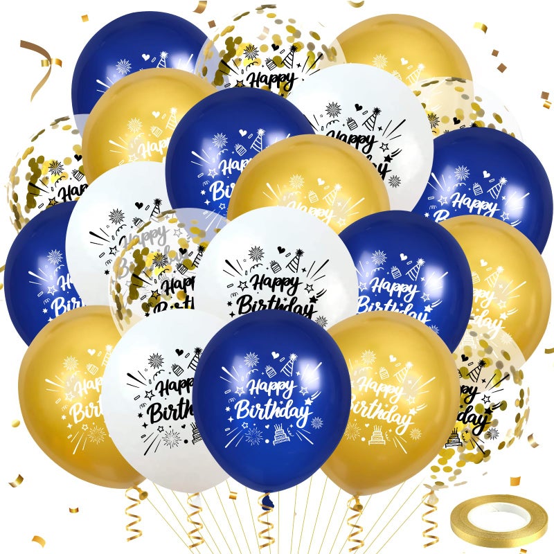 Yoirrat Blue Gold Confetti Birthday Balloons 24Pcs Navy Blue White Gold Happy Birthday Latex Balloons Blue Gold Birthday Party Decorations for Men Women Birthday Baby Shower Party Supplies 12 Inch - Image 1