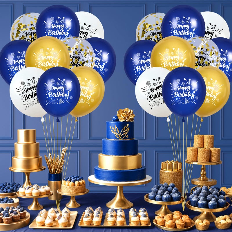 Yoirrat Blue Gold Confetti Birthday Balloons 24Pcs Navy Blue White Gold Happy Birthday Latex Balloons Blue Gold Birthday Party Decorations for Men Women Birthday Baby Shower Party Supplies 12 Inch - Image 5