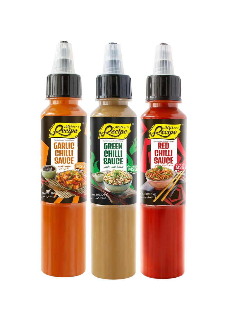 Mothers Recipe Red Chilli Sauce And Garlic Chilli Sauce With Green Chilli Sauce 220g+200g+215g  - Image 1