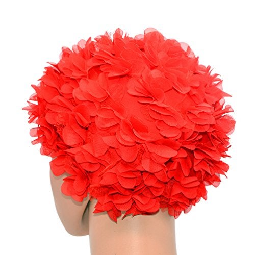 Medifier Lace Vintage Swim Cap Floral Petal Retro Style Bathing Caps for Women Rose Red - Image 3