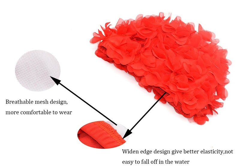 Medifier Lace Vintage Swim Cap Floral Petal Retro Style Bathing Caps for Women Rose Red - Image 4