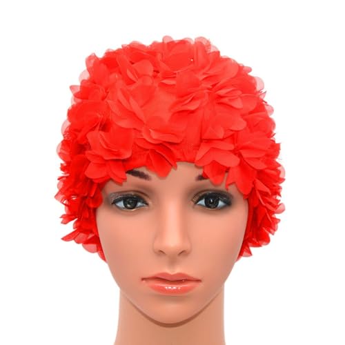 Medifier Lace Vintage Swim Cap Floral Petal Retro Style Bathing Caps for Women Rose Red - Image 1