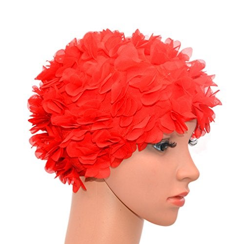 Medifier Lace Vintage Swim Cap Floral Petal Retro Style Bathing Caps for Women Rose Red - Image 2