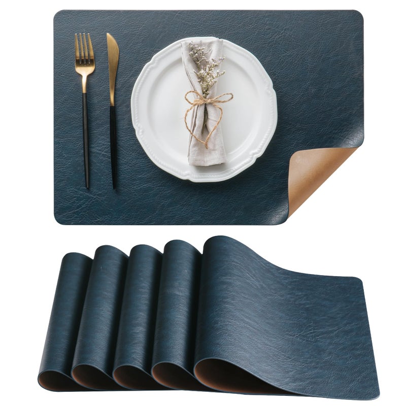 DOLOPL Placemats Set of 6 Reversible Dual-Color Table Placemats â€“ Heat Resistant Wipeable & Washable Place Mats, Luxury Faux Leather Table Mats for Vintage Dining Table Decor (Camel & Navy Blue) - Image 1