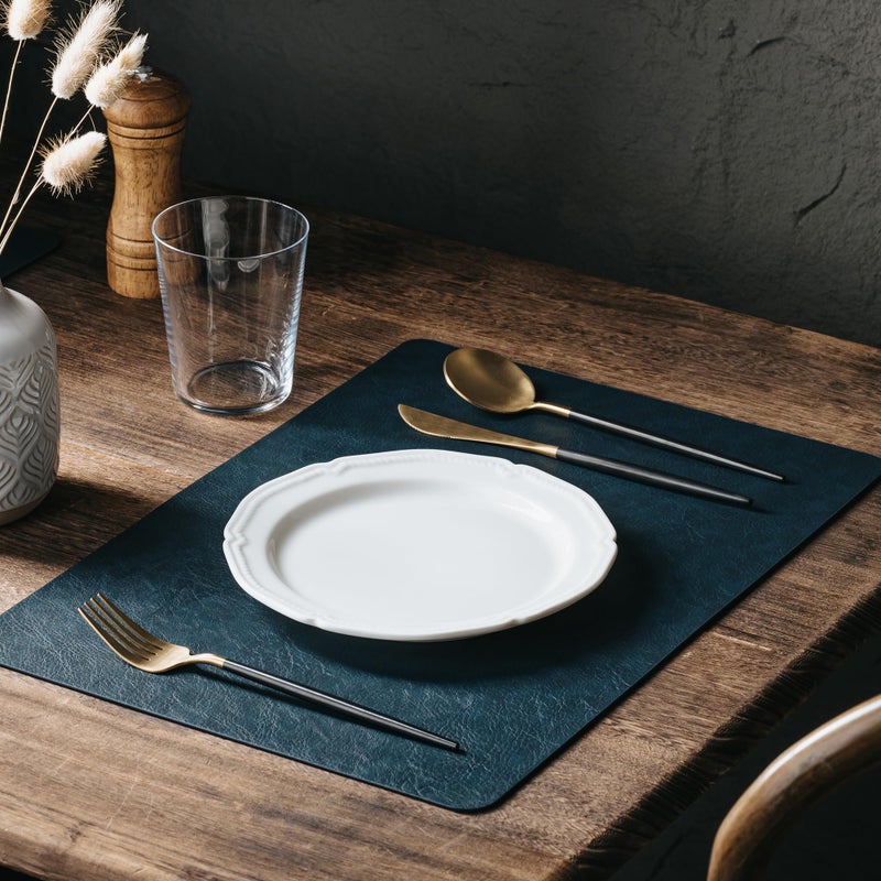 DOLOPL Placemats Set of 6 Reversible Dual-Color Table Placemats â€“ Heat Resistant Wipeable & Washable Place Mats, Luxury Faux Leather Table Mats for Vintage Dining Table Decor (Camel & Navy Blue) - Image 5