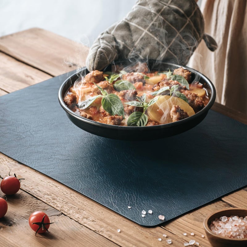 DOLOPL Placemats Set of 6 Reversible Dual-Color Table Placemats â€“ Heat Resistant Wipeable & Washable Place Mats, Luxury Faux Leather Table Mats for Vintage Dining Table Decor (Camel & Navy Blue) - Image 4