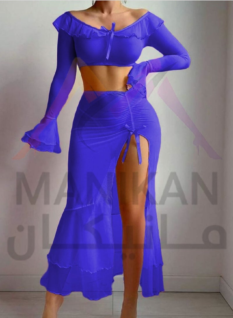 MANIKAN MANIKAN Women's Two-Piece Set Off-Shoulder Crop Top with Flared Long Sleeves and High-Slit Maxi Skirt Featuring Ruffle Details  - Image 2