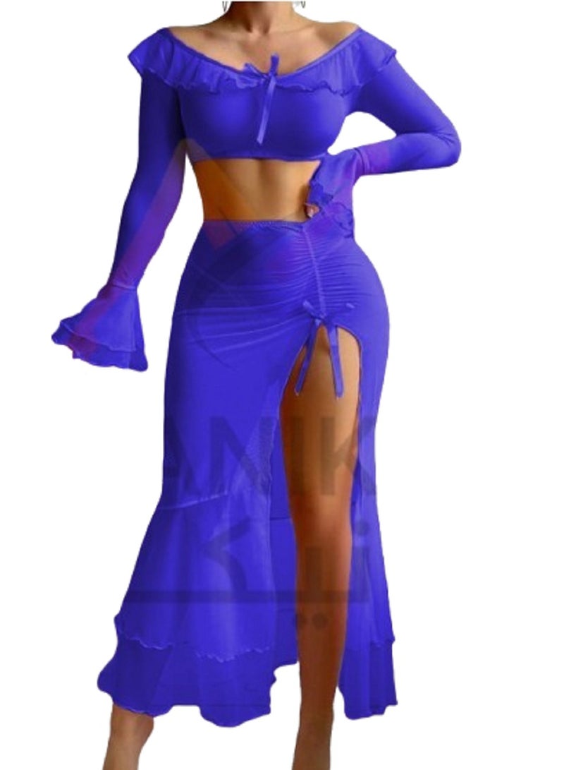 MANIKAN MANIKAN Women's Two-Piece Set Off-Shoulder Crop Top with Flared Long Sleeves and High-Slit Maxi Skirt Featuring Ruffle Details  - Image 1