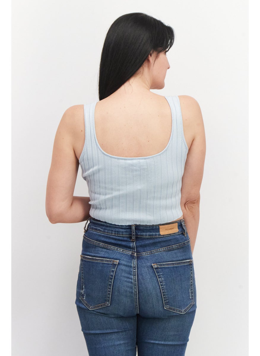 MONKI Women V-Neck Sleeveless Ribbed Crop Top, Light Blue  - Image 2