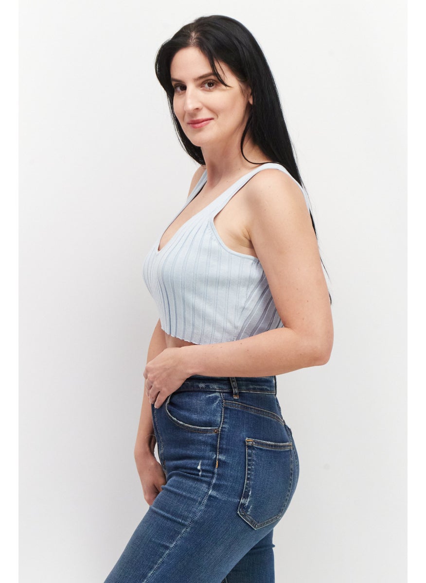MONKI Women V-Neck Sleeveless Ribbed Crop Top, Light Blue  - Image 3