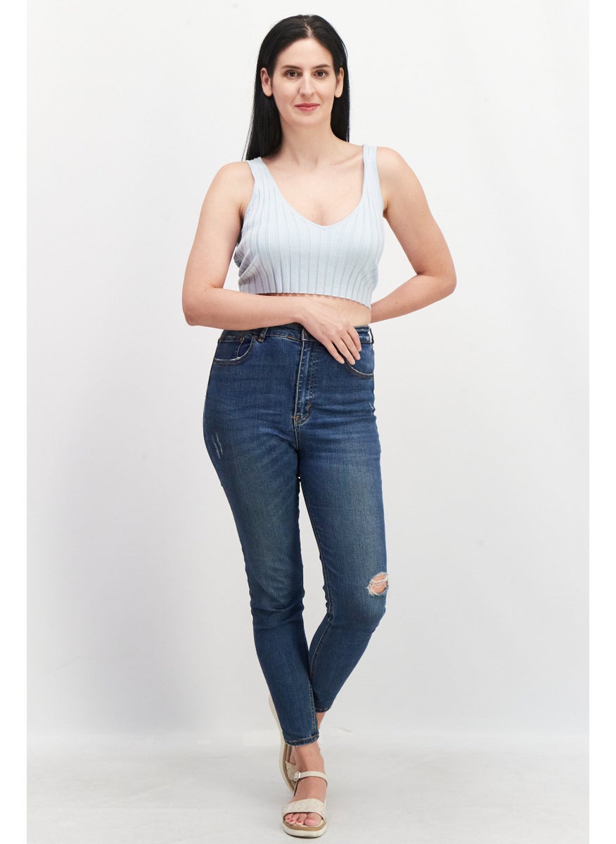 MONKI Women V-Neck Sleeveless Ribbed Crop Top, Light Blue  - Image 4
