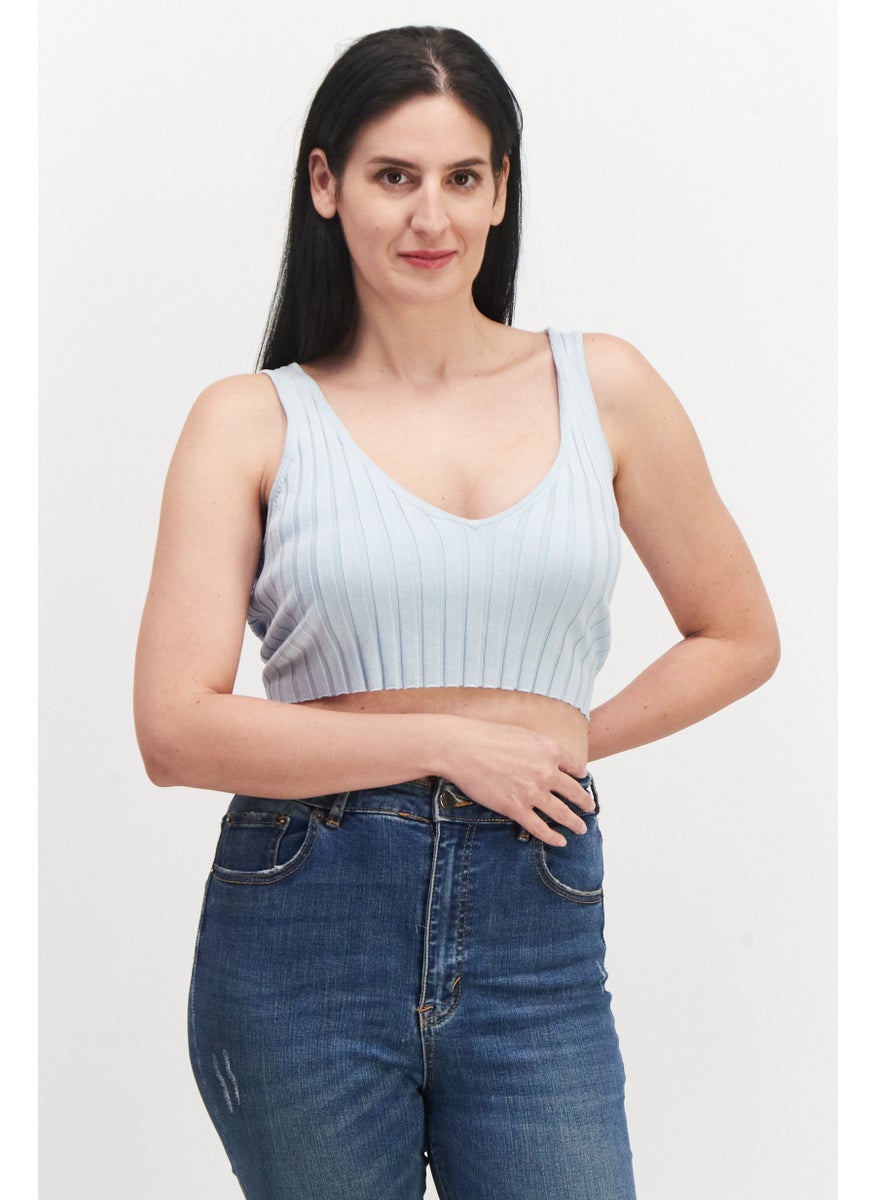 MONKI Women V-Neck Sleeveless Ribbed Crop Top, Light Blue  - Image 1