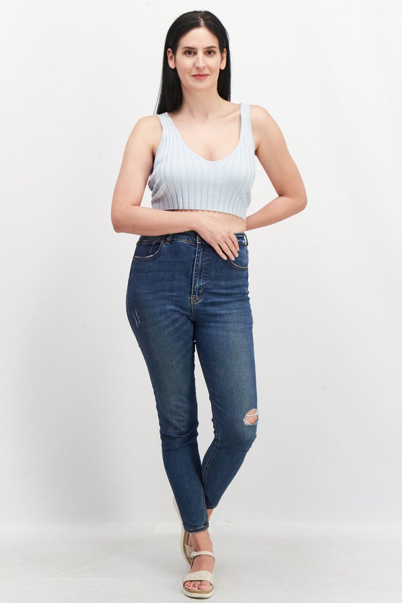 MONKI Women V-Neck Sleeveless Ribbed Crop Top, Light Blue - Image 4