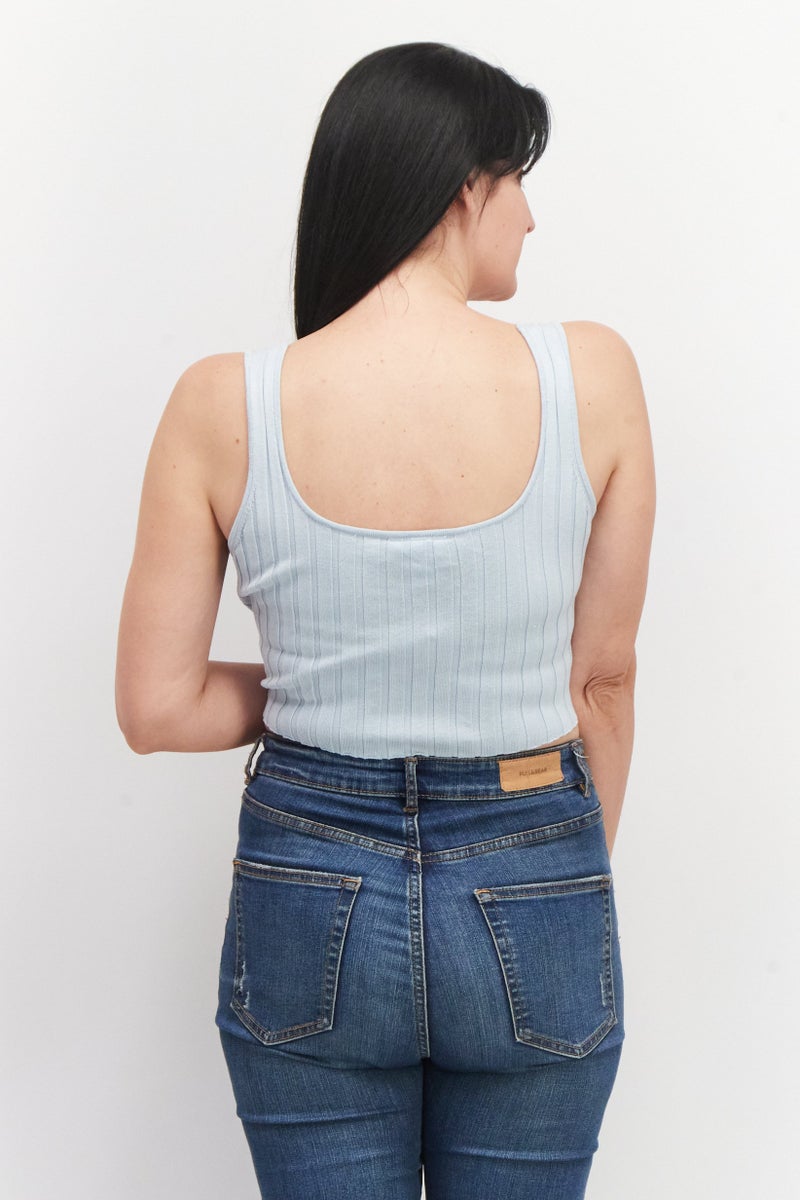 MONKI Women V-Neck Sleeveless Ribbed Crop Top, Light Blue - Image 2