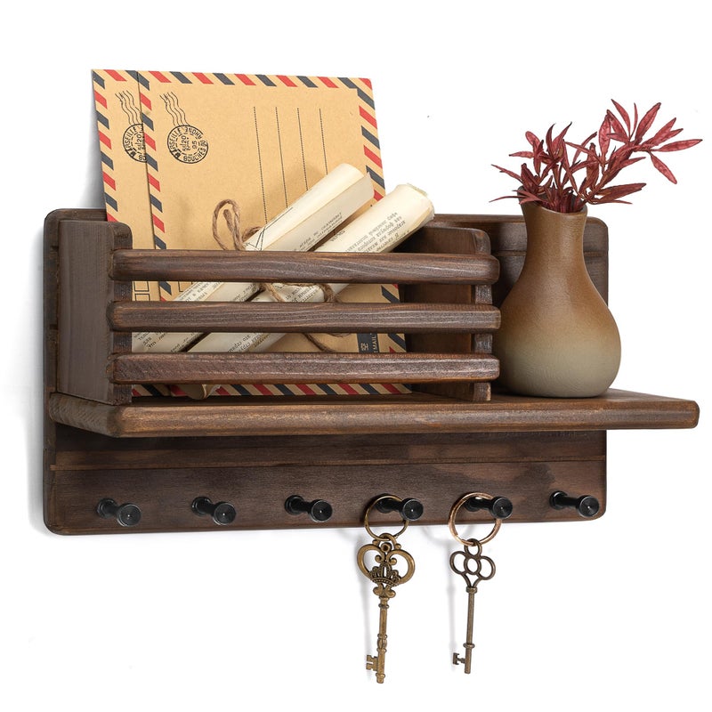 Rebee Vision Pine Wood Key Holder Wall Mount - Farmhouse Mail and Key Holder for Wall with Floating Shelf & 6 Hooks - Decorative Mail Organizer with Round Corner for Home Decor (Brown) - Image 1