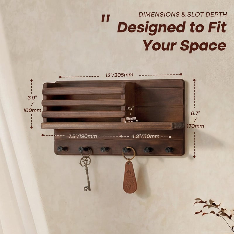 Rebee Vision Pine Wood Key Holder Wall Mount - Farmhouse Mail and Key Holder for Wall with Floating Shelf & 6 Hooks - Decorative Mail Organizer with Round Corner for Home Decor (Brown) - Image 2