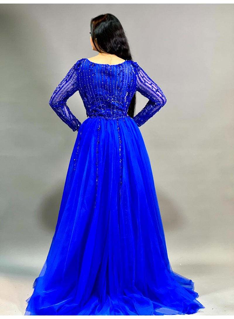 Elegant Evening Gown with Sheer Sleeves and Tulle Overlay  - Image 3