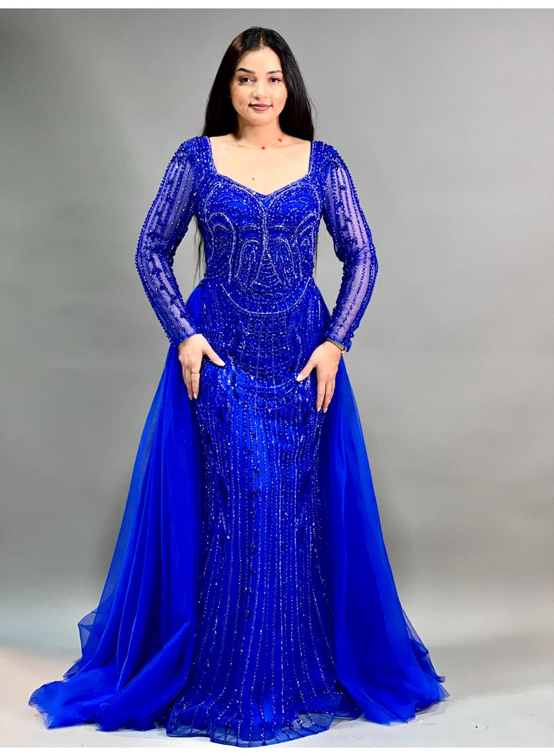 Elegant Evening Gown with Sheer Sleeves and Tulle Overlay  - Image 1