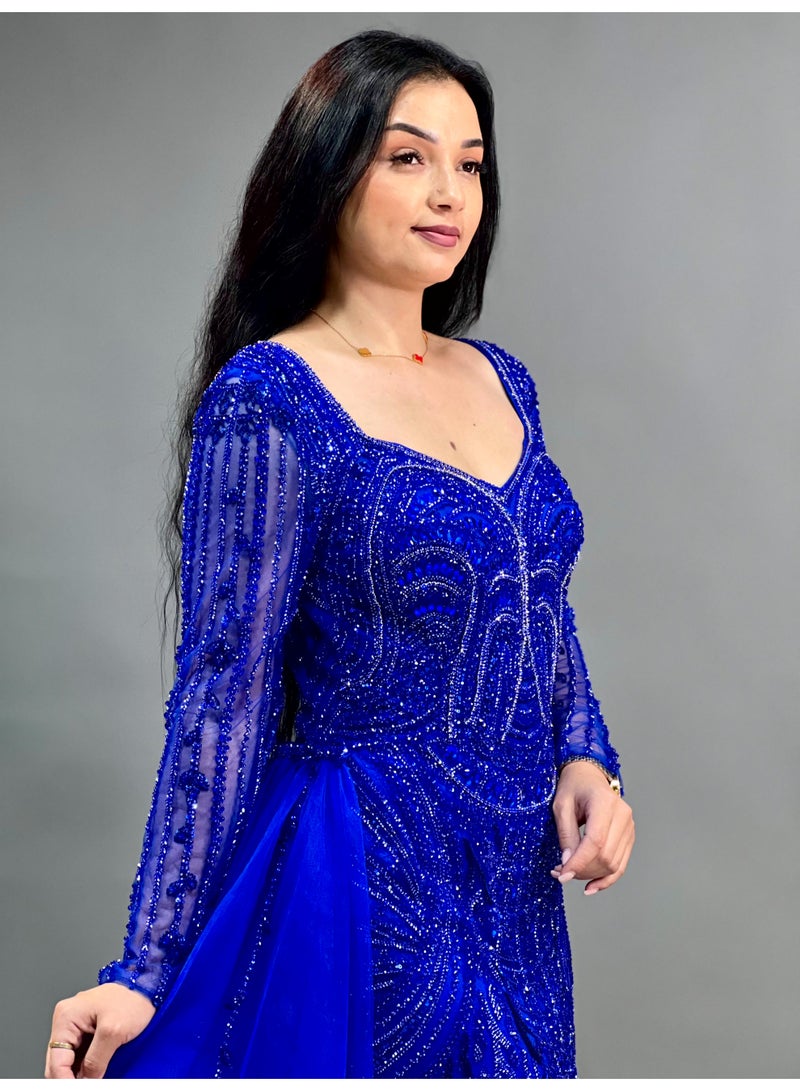 Elegant Evening Gown with Sheer Sleeves and Tulle Overlay  - Image 2