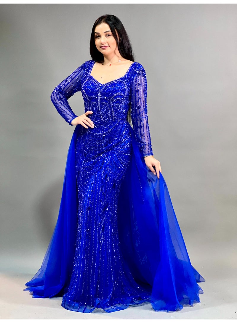 Elegant Evening Gown with Sheer Sleeves and Tulle Overlay  - Image 4