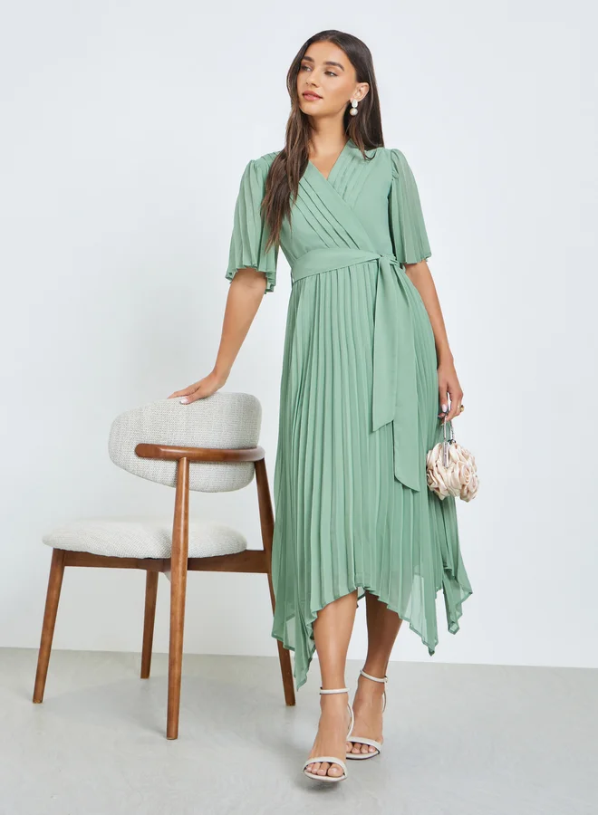 Styli Green Pleated Midi Dress with Tie-Belt