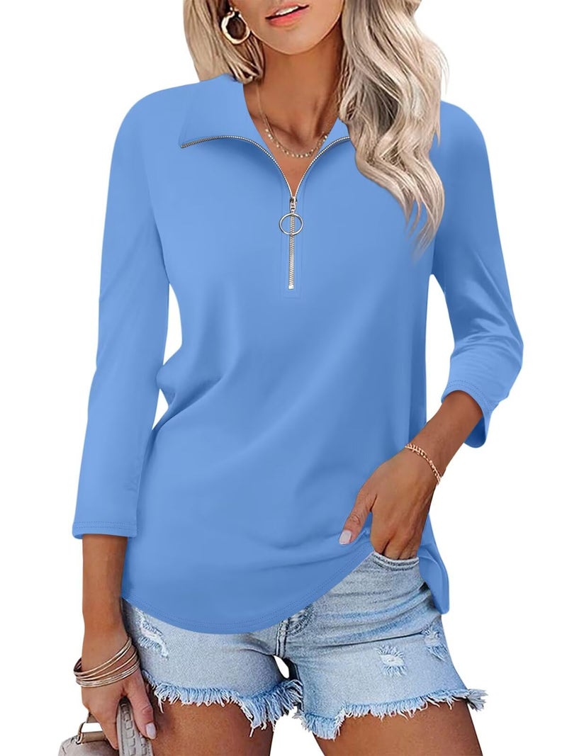 TICTICMISS Women's 3/4 Length Sleeve Tops Collared V Neck T Shirts Polo Zipper Summer Shirts A-Blue - Image 1