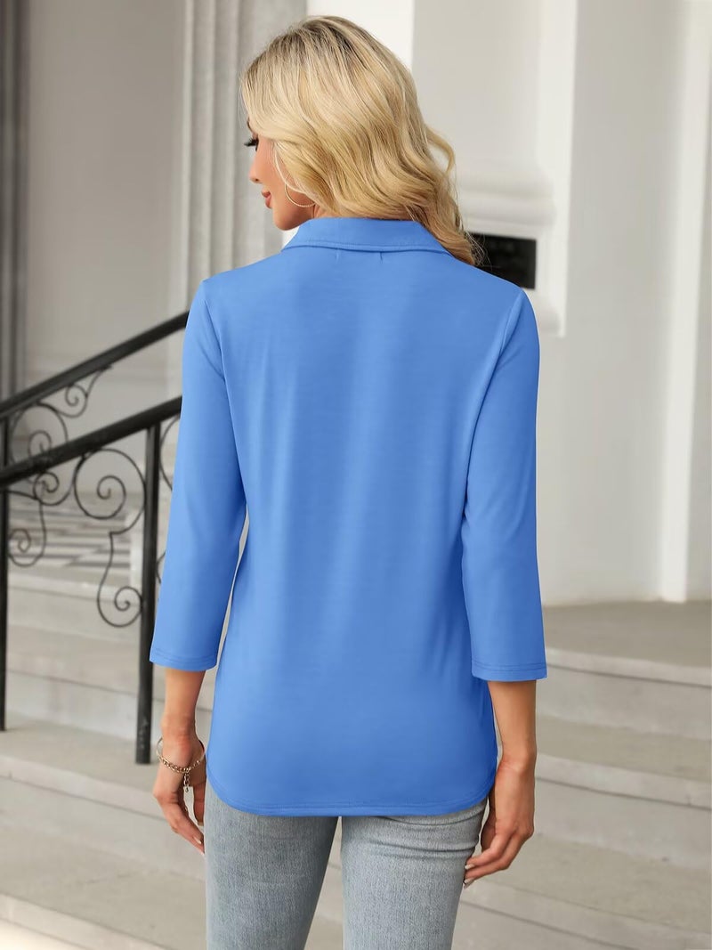 TICTICMISS Women's 3/4 Length Sleeve Tops Collared V Neck T Shirts Polo Zipper Summer Shirts A-Blue - Image 4