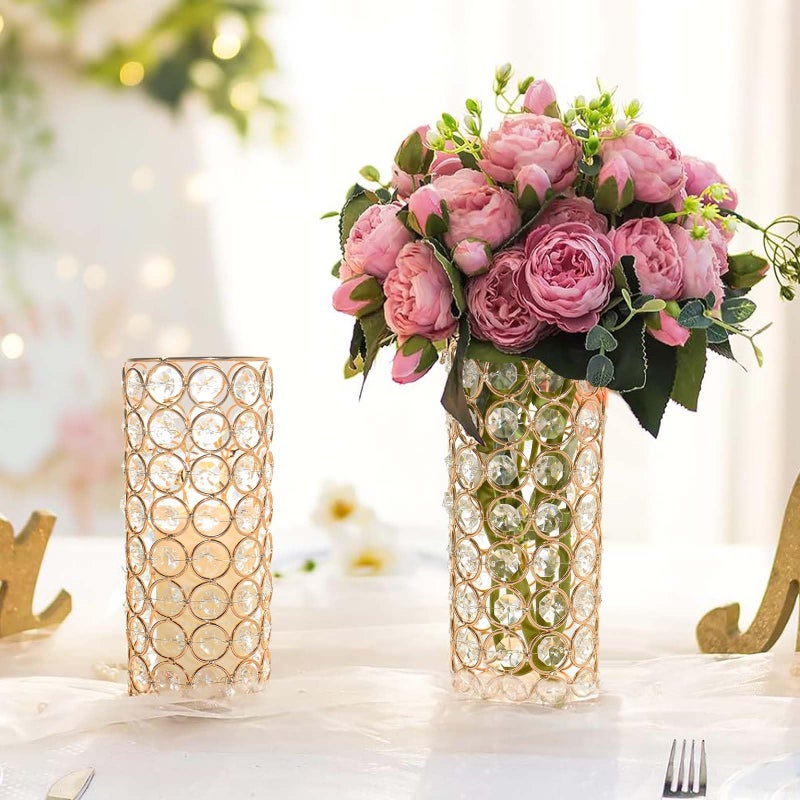 kolnlala Elegant Crystal Column Vase/Pillar Candle Holder Set, Cylinder Flower Display Tabletop Centerpiece for Weddings & Home Decor (2, Gold) - Image 1