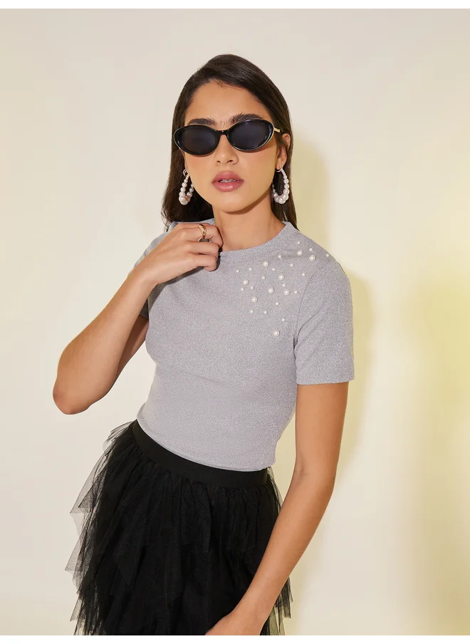 تايك تو Take Two Faux Pearl Detail Round Neck Regular Fit T-Shirt