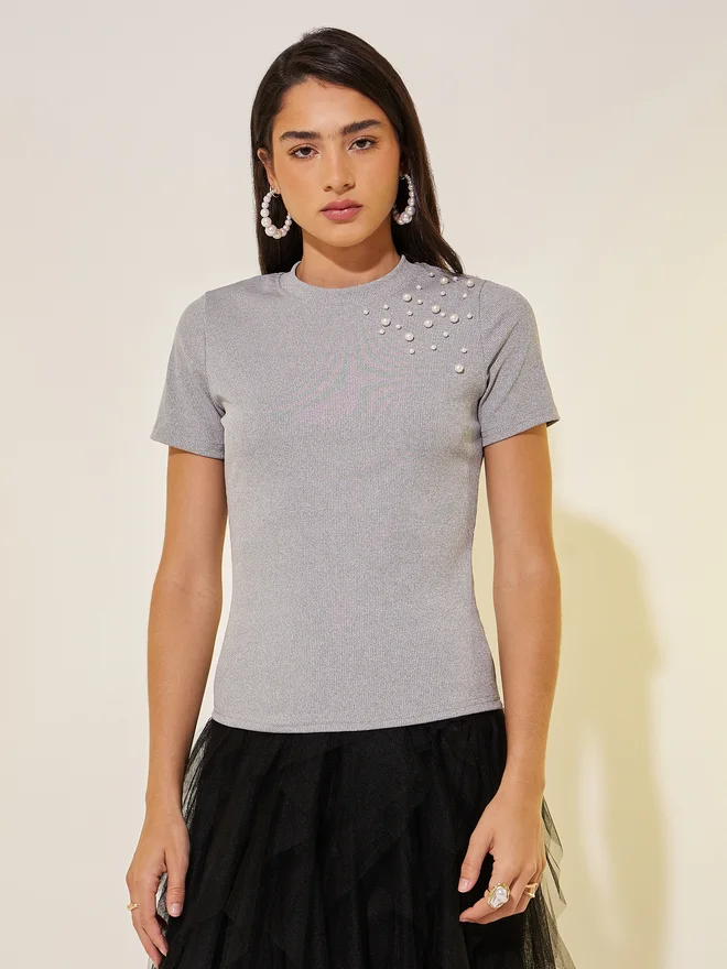 Take Two Take Two Faux Pearl Detail Round Neck Regular Fit T-Shirt