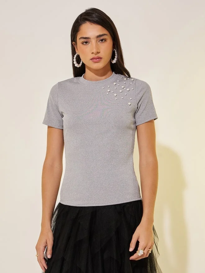 Take Two Faux Pearl Detail Round Neck Regular Fit T-Shirt