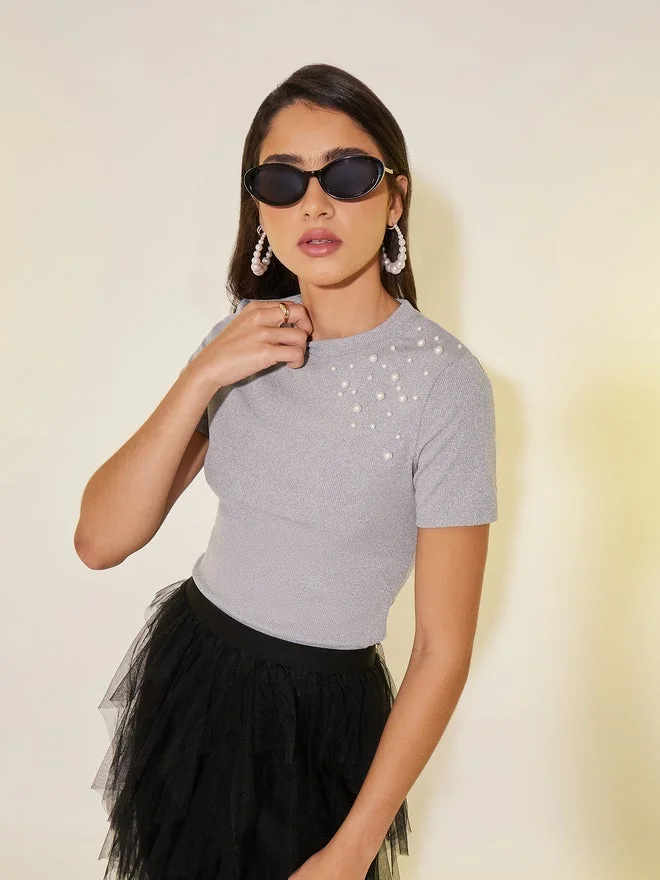 Take Two Faux Pearl Detail Round Neck Regular Fit T-Shirt