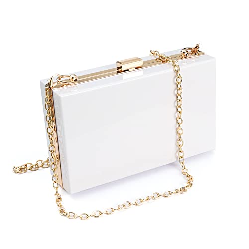WJCD Women Clear Purse Acrylic Box Clutch Handbag, Small Transparent Crossbody Evening Bag Stadium Approved Gold Chain Strap (White) - Image 1
