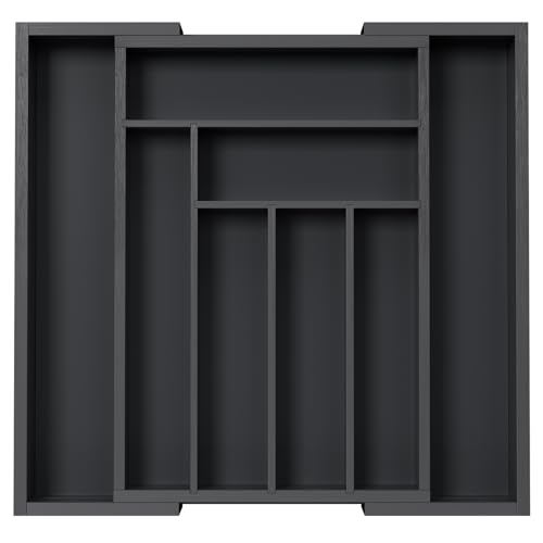 Pipishell Bamboo Expandable Drawer Organizer for Utensils Holder, Adjustable Cutlery Tray, Wood Drawer Dividers Organizer for Silverware, Flatware, Knives in Kitchen, Bedroom, Living Room(M-Black) - Image 1
