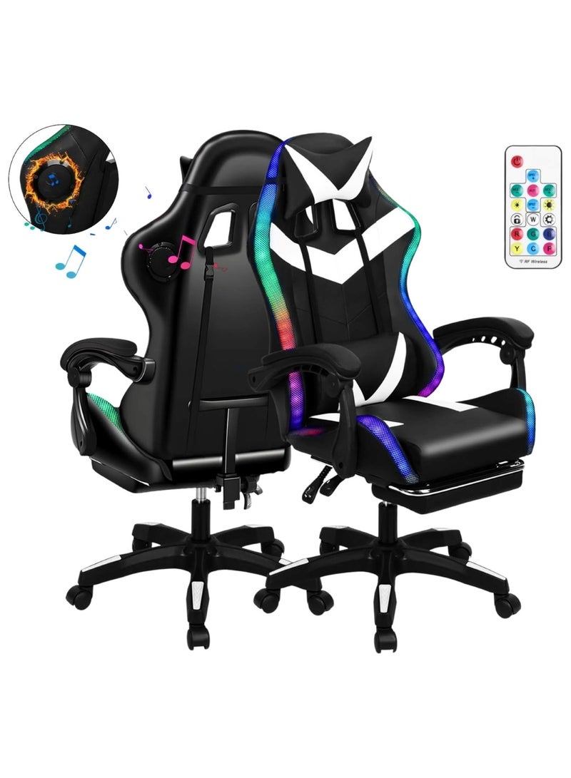 Huitich Ergonomic Gaming Chair with Footrest, 7-Point Massage, and LED Lights Bluetooth Black And White - Image 2