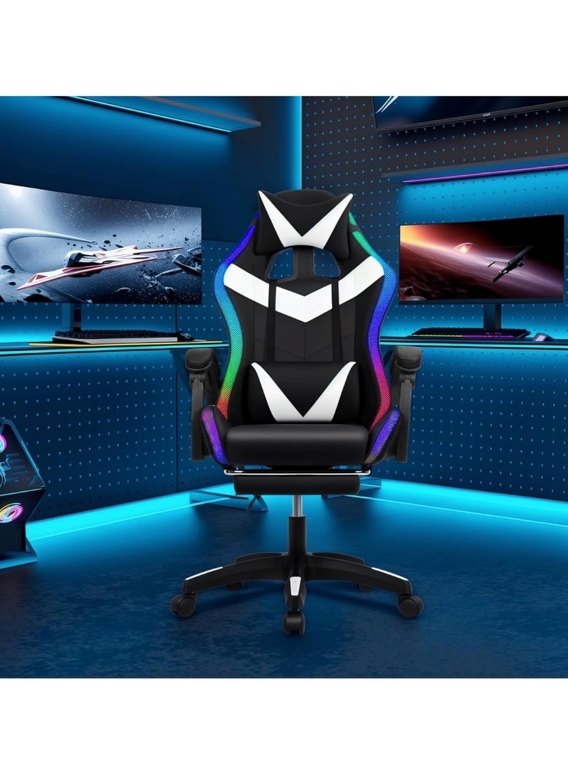 Huitich Ergonomic Gaming Chair with Footrest, 7-Point Massage, and LED Lights Bluetooth Black And White - Image 5