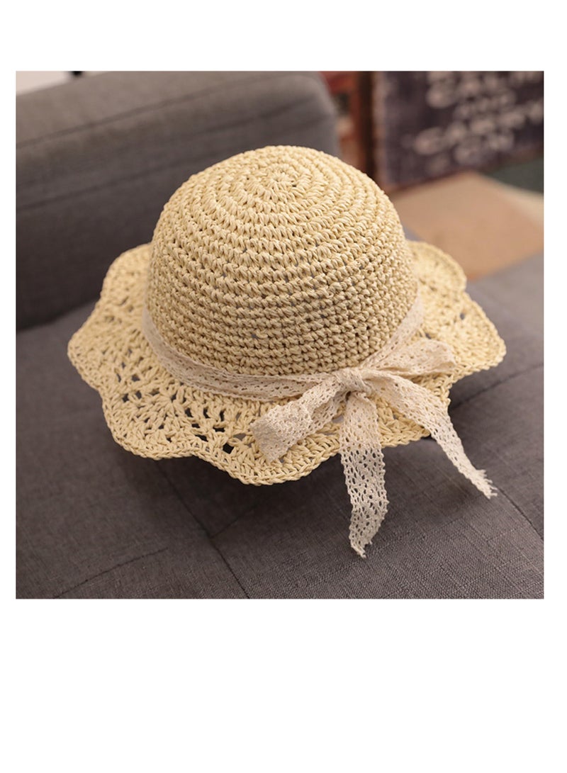 Excefore Baby Sun Hat, Baby Straw Hat, Baby Girl Straw Hat, Baby Girl Sun Hat, Toddler Summer Sun Cap with Bow, Baby Beach Hat, Foldable Beach Sun Protection Hats for 2-6 Years, Beige - Image 3