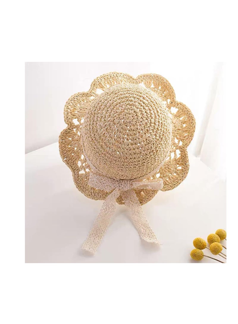 Excefore Baby Sun Hat, Baby Straw Hat, Baby Girl Straw Hat, Baby Girl Sun Hat, Toddler Summer Sun Cap with Bow, Baby Beach Hat, Foldable Beach Sun Protection Hats for 2-6 Years, Beige - Image 2