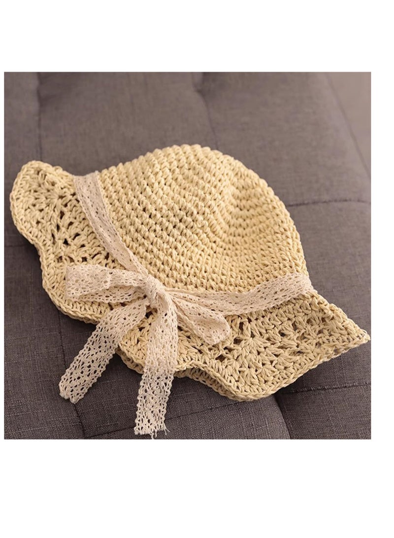 Excefore Baby Sun Hat, Baby Straw Hat, Baby Girl Straw Hat, Baby Girl Sun Hat, Toddler Summer Sun Cap with Bow, Baby Beach Hat, Foldable Beach Sun Protection Hats for 2-6 Years, Beige - Image 4