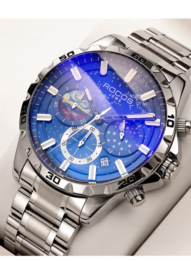 ROCOS Luxury Men’s Chronograph Quartz Watch – Blue Dial, Stainless Steel, Waterproof Watches for Men - Image 1