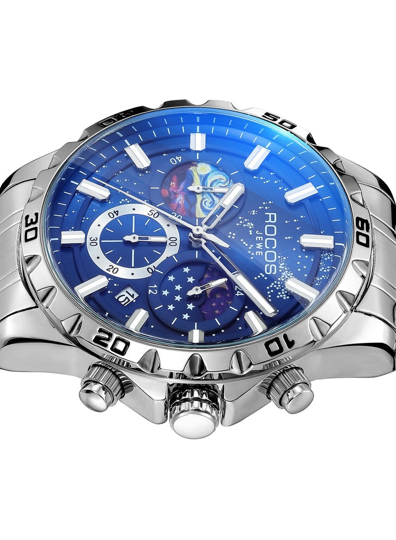 ROCOS Luxury Men’s Chronograph Quartz Watch – Blue Dial, Stainless Steel, Waterproof Watches for Men - Image 2