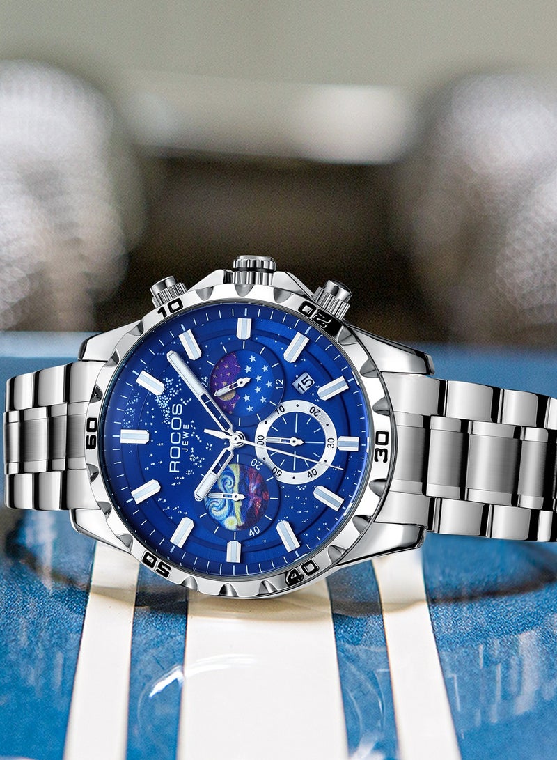 ROCOS Luxury Men’s Chronograph Quartz Watch – Blue Dial, Stainless Steel, Waterproof Watches for Men - Image 3
