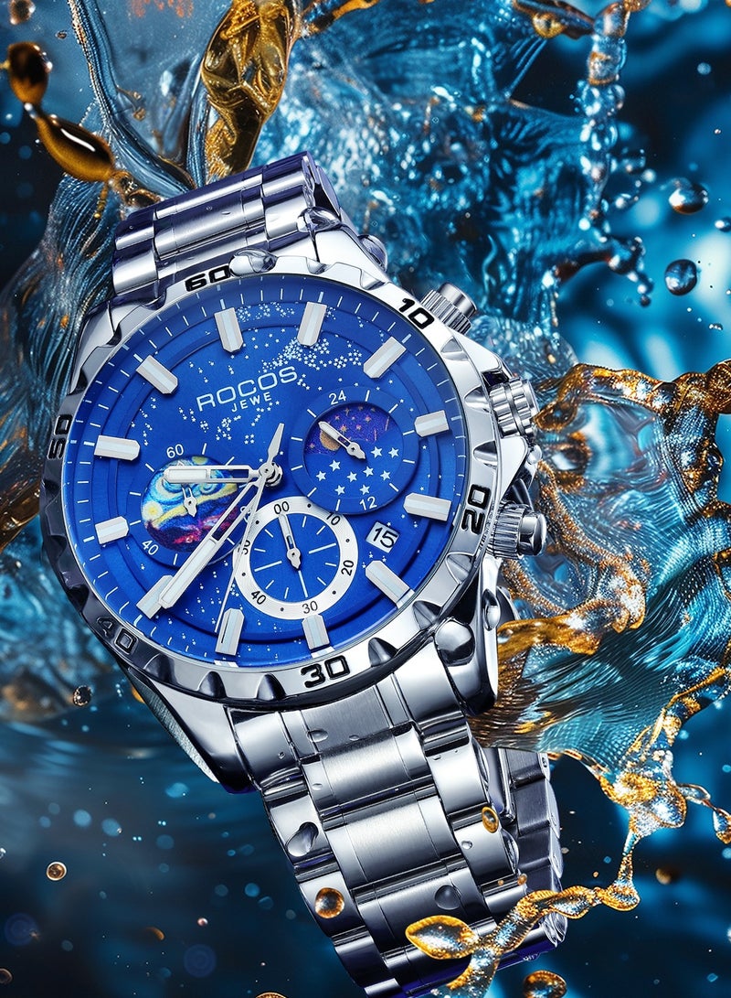 ROCOS Luxury Men’s Chronograph Quartz Watch – Blue Dial, Stainless Steel, Waterproof Watches for Men - Image 5
